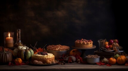 Autumn still life with pumpkin pie, apples, pumpkins and candles on dark background. Generative AI.