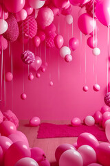 Room with pink and white balloons hanging from the ceiling and rug on the floor. Generative AI.