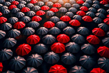 Group of red and black umbrellas sitting in crowd of black and white umbrellas. Generative AI.