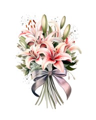 Bouquet of lilies tied with elegant ribbon isolated on white background in watercolor style. Generative AI.