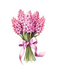 Bouquet of pink hyacinth flowers tied with pink ribbon isolated on white background in watercolor style. Generative AI.