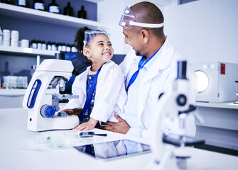 Science, microscope and father with child in laboratory for medical research, chemistry and...