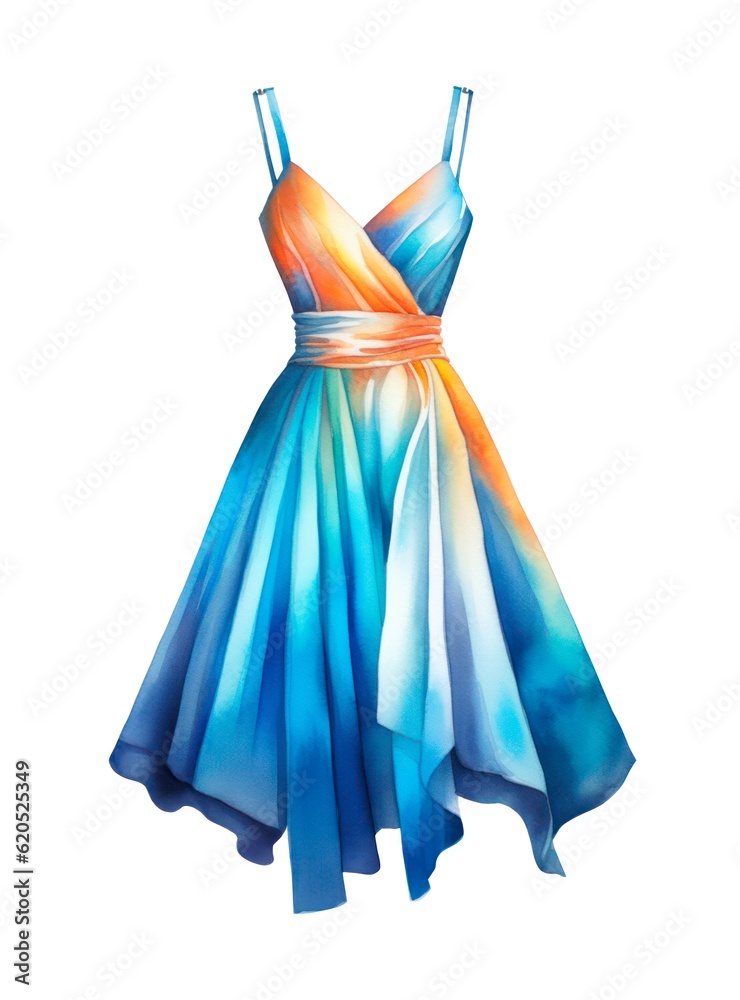 Sticker Colorful summer female dress isolated on white background in watercolor style. Generative AI.