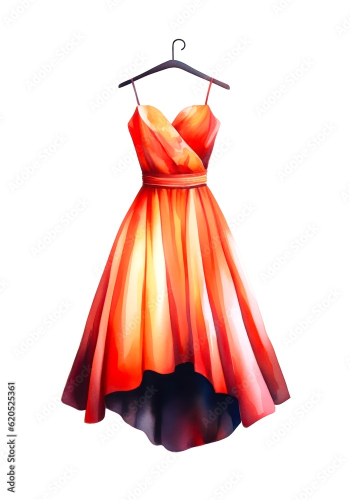 Wall mural Red female dress isolated on white background in watercolor style. Generative AI.