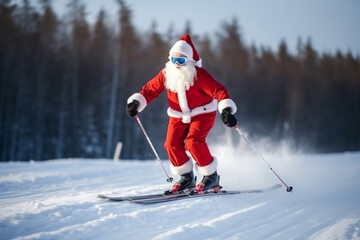 Funny Santa Claus on ski slope in winter. Generative AI