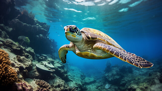 Beautiful green turtle under the sea, Generative Ai