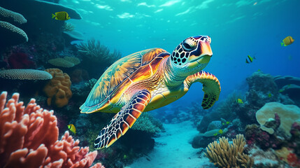 Fototapeta na wymiar Beautiful green turtle under the sea, Generative Ai