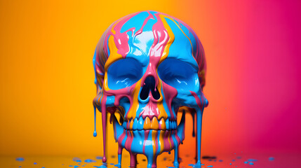 Skull with vivid paint on retro future background. Spooky Halloween concept. Generative Ai