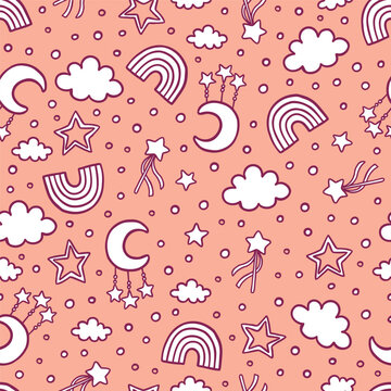 Kids room interior seamless pattern with hand drawn detail