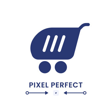 Shopping cart black solid desktop icon. Web store. E commerce. Online retail. Digital marketplace. Pixel perfect, outline 4px. Silhouette symbol on white space. Glyph pictogram. Isolated vector image