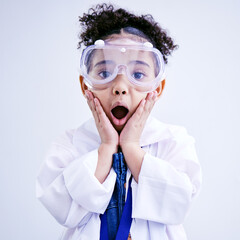 Child, shocked and science portrait with glasses in studio with open mouth, wow or surprised face....