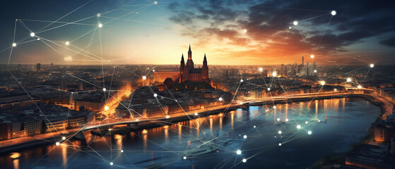 Cityscape with graphic of network concept, sunset