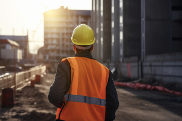 Contractor worker looking away at construction site. Back View. Generative AI
