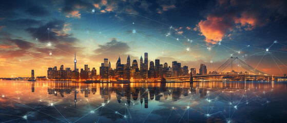Cityscape with graphic of network concept, sunset