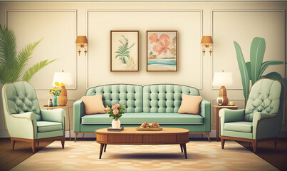 50s Style Cozy Green and White Living Room. Created using generative AI tools