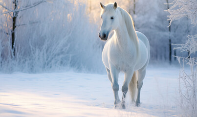 Obraz na płótnie Canvas Majestic White Horse in Winter Forest. Created using generative AI tools
