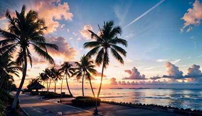Fototapeta na wymiar Captivating Timelapse Silhouette of Coconut Palm Trees in the Breathtaking Sunset Sky over the Sea ai generated