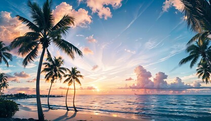 Plakat Captivating Timelapse Silhouette of Coconut Palm Trees in the Breathtaking Sunset Sky over the Sea ai generated