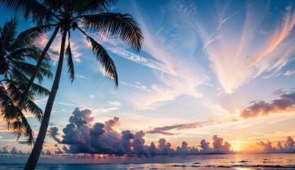 Captivating Timelapse Silhouette of Coconut Palm Trees in the Breathtaking Sunset Sky over the Sea ai generated