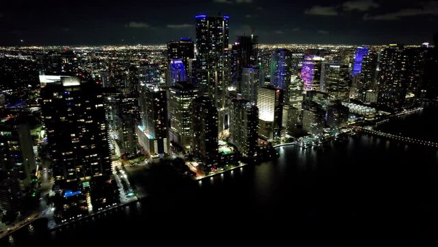 Nightscape At Miami Florida United States. Cityscapes Downtown Street. Night Building Downtown Cityscape. Night Outdoors Downtown District Panoramic. Night Cityscape Building Architecture.
