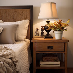 A table lamp, a bed and a bedside table, boho style
