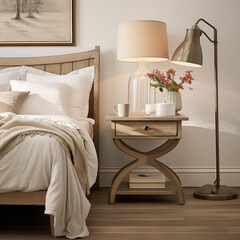 A table lamp, a bed and a bedside table, boho style