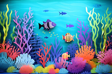Obraz na płótnie Canvas Children paper cut of marine life, forest, lion, fish, ocean 