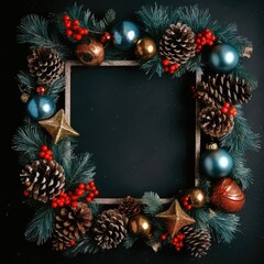 New Year's frame for your holiday text decorated with Christmas paraphernalia. Holiday decorations create joyful and cheerful atmosphere, perfect backdrop for greetings or invitations. AI-generated