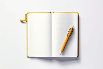 Open empty notebook with an ochre pen on it on white table from above, white background, modern, sleek