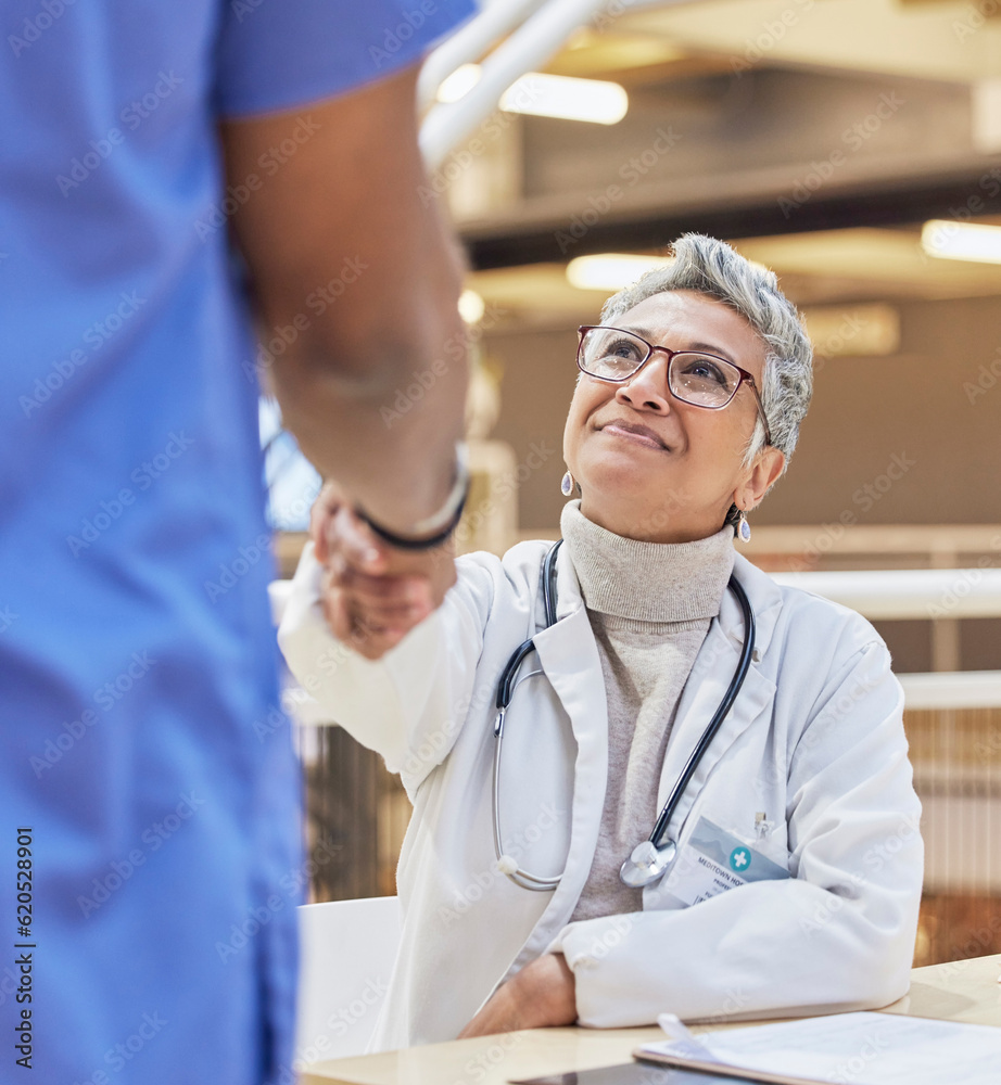 Poster woman, doctor and handshake with nurse for teamwork, partnership or thank you for healthcare service