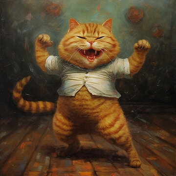 happy contented cat dancing on stage or celebrating success. Generative AI.