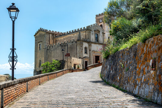 A view of the church S. Nicola of the village of Savoca, Sicily, Italy. The town was the location for the scenes set in Corleone of Francis Ford Coppola's The Godfather.