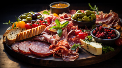 Fototapeta na wymiar A platter of charcuterie featuring cured meats, sliced prosciutto, salami, and a selection of olives