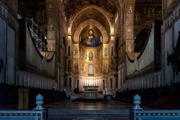 Foto op Plexiglas Cathedral of Monreale, interior with its golden mosaics with The Christ Pantokrator, Sicily, Italy. Medieval Norman architecture.  © Ivan