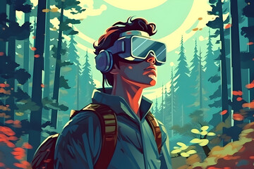 Man with backpack wearing virtual reality headset, forest in the background. VR for free time and entertainment.