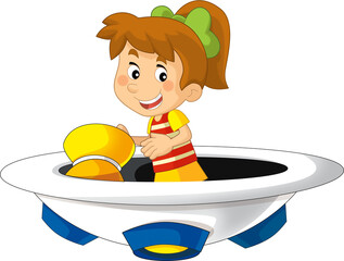 Cartoon kid on a toy funfair space ship or star ship amusement park or playground isolated illustration for children