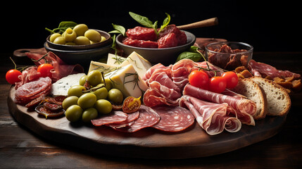 A platter of charcuterie featuring cured meats, sliced prosciutto, salami, and a selection of olives