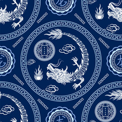 Seamless pattern with Asian elements for happy Chinese new year of the Dragon 2024