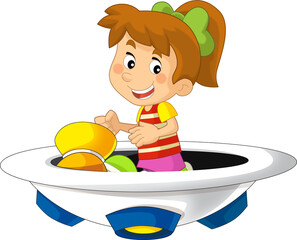 Cartoon kid on a toy funfair space ship or star ship amusement park or playground isolated illustration for children
