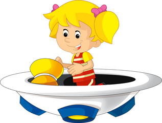 Cartoon kid on a toy funfair space ship or star ship amusement park or playground isolated illustration for children