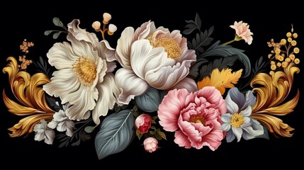 Vintage flowers. Peonies, tulips, lily, hydrangea on black. Floral background. Baroque style floristic illustration. Generative AI