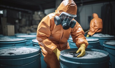 person handling chemical waste in protective gear