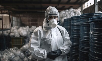 man sorting chemical waste in protective gear