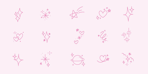 Fototapeta na wymiar Cute blink blink hand draw doodle vector set, black, line, drawing, sparkle element, illustration, cute, heart, star, wink, dot, icon, pink