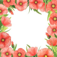 Watercolor poppy flowers square frame