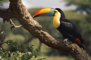 Naklejka premium Colourful toucan sitting on a tree. Generative AI