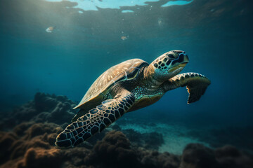Fototapeta premium Big turtle diving in the ocean, generative AI