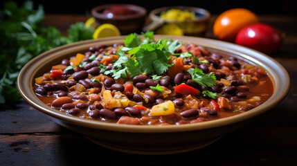 A bowl of spicy vegetarian chili, loaded with beans, vegetables, and aromatic spices