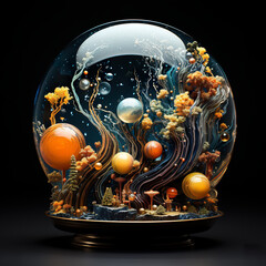 A snow globe with an underwater scene inside of it. Generative AI.