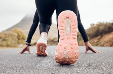 Feet, person and running fitness for workout, training and exercise with sport and active in...